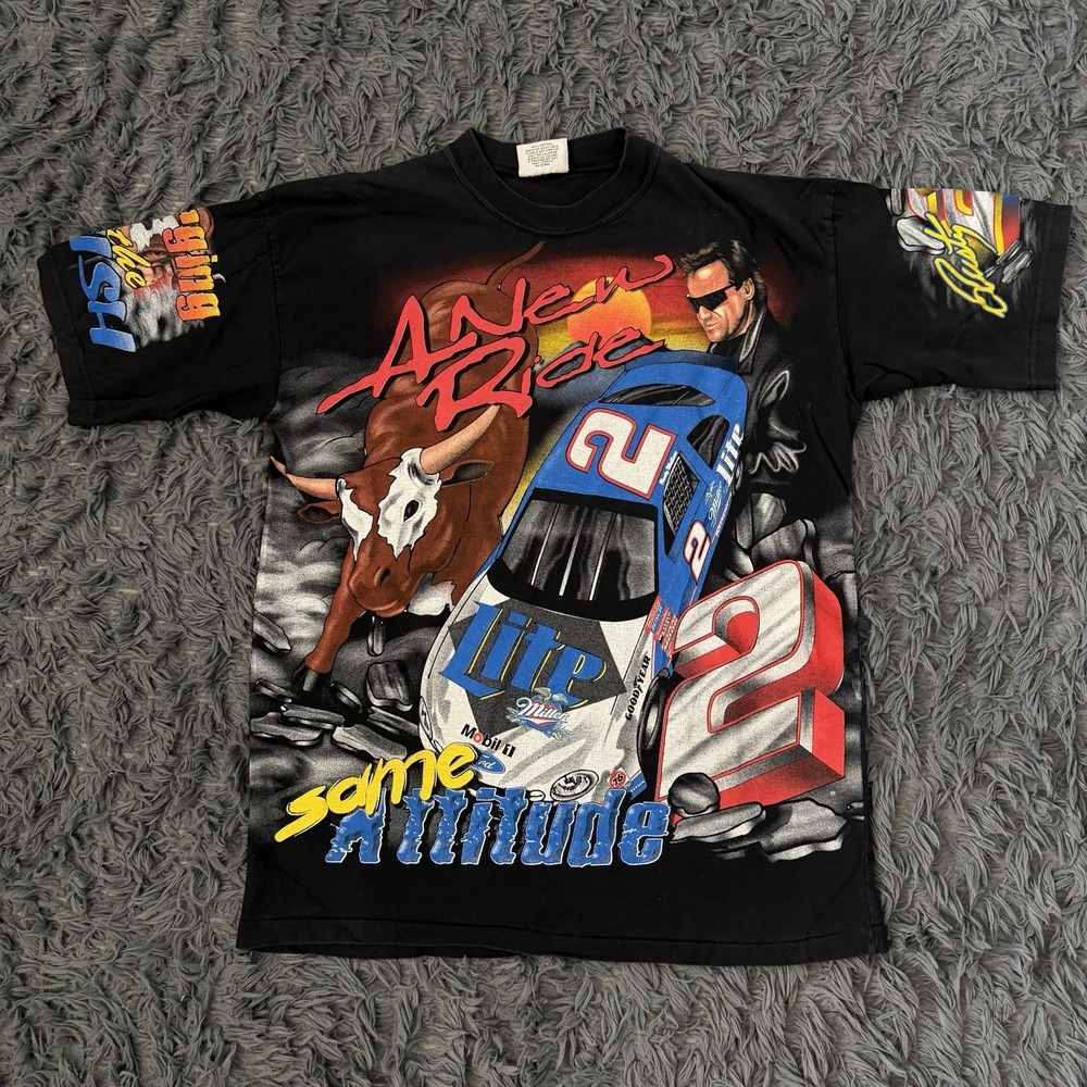 Vtg Rusty Wallace NASCAR New Ride Bull Charging To The Finish Graphic T-shirt L